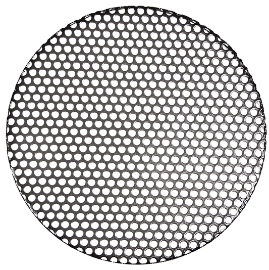 The Campfire Small Trivet – Suits 4.5 Quart is a round steel mesh sheet with a consistent pattern of circular holes, creating a grille-like design against a white background—ideal as a Dutch oven accessory for campfire cooking.