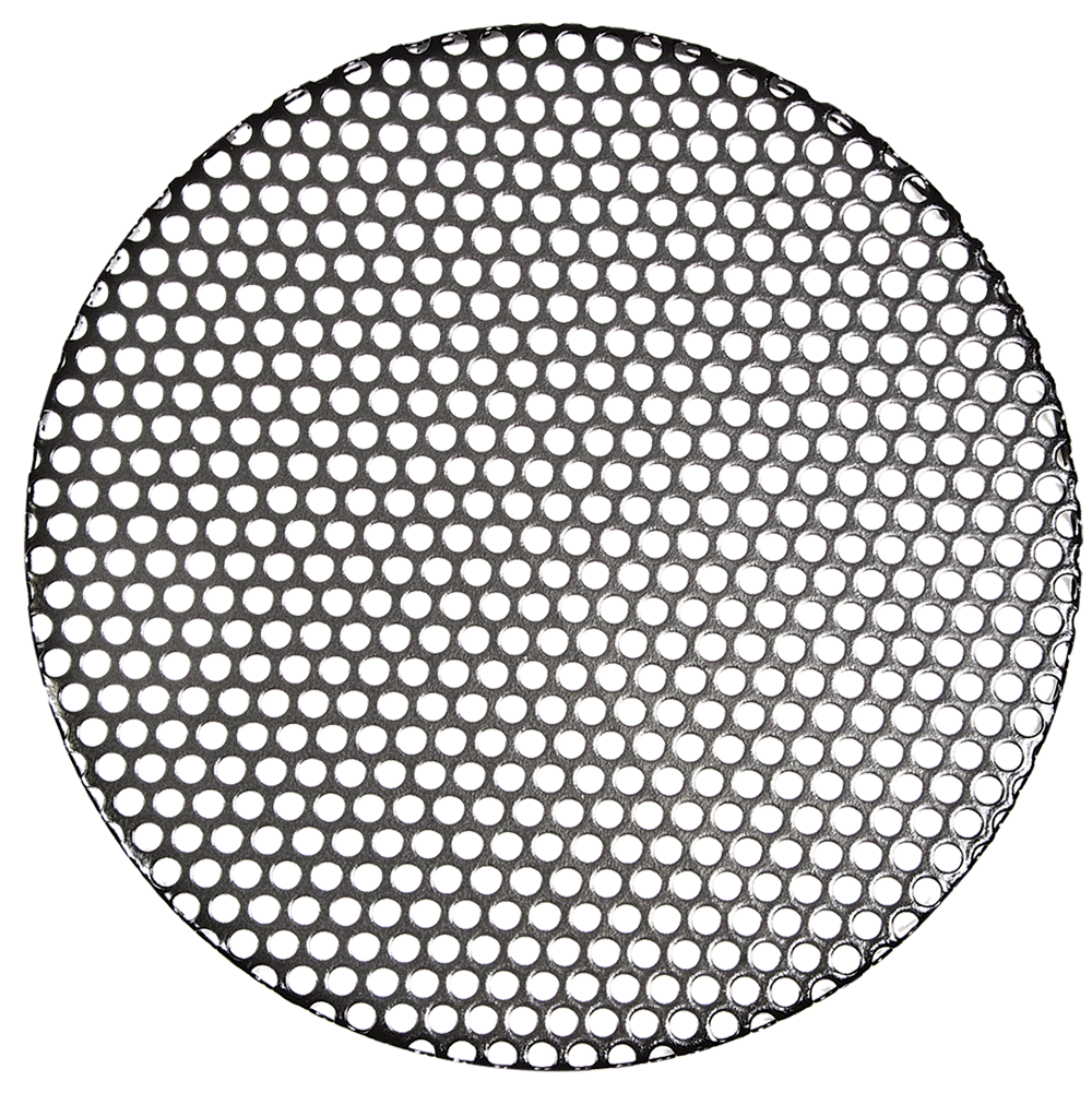 A round, flat non-stick steel mesh Large Trivet - Suits 9 Quart by Campfire, featuring evenly spaced circular holes and viewed from above against a white background—ideal for supporting Dutch ovens during campfire cooking.