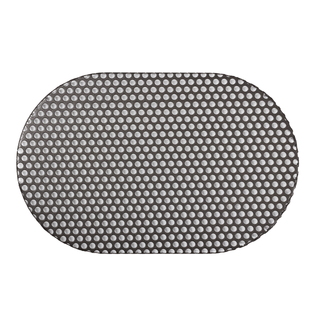 A round, flat object with a dark border and a grid of evenly spaced small circular holes, resembling the Campfire Oval Trivet - Suits 10QT, displayed on a plain white background.
