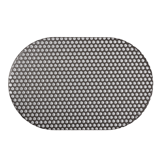 A round, flat object with a dark border and a grid of evenly spaced small circular holes, resembling the Campfire Oval Trivet - Suits 10QT, displayed on a plain white background.