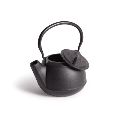 The Campfire 2 Quart Cast Iron Kettle, featuring a classic black finish, sturdy handle, and partially open lid, is displayed against a white background.