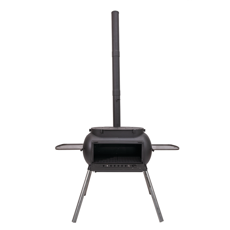Ozpig Big Pig by Ozpig—a black portable outdoor wood stove featuring an open front door, tall chimney pipe, side trays, and four angled metal legs—designed for versatile home woodfired cooking and efficient outdoor heating—is shown on a white background.