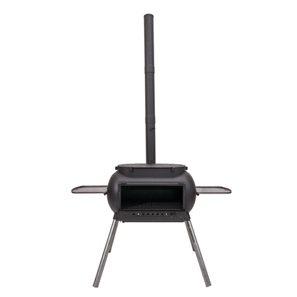 Ozpig Big Pig by Ozpig—a black portable outdoor wood stove featuring an open front door, tall chimney pipe, side trays, and four angled metal legs—designed for versatile home woodfired cooking and efficient outdoor heating—is shown on a white background.