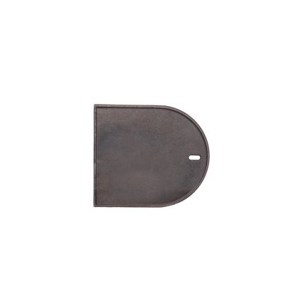A flat, dark metal plate with a rounded end and a small oval hole near the curved edge, set against a white background—this Ozpig Big Pig Flat Iron BBQ Plate by Ozpig is crafted for perfect grilling on your Big Pig wood-fired BBQ.