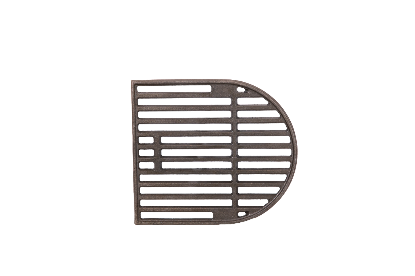 The Ozpig Big Pig Chargrill, designed by Ozpig, features a metal plate with parallel and perpendicular bars and a unique half-circle and rectangle shape—perfect for adding wood-fired flavour to your meals. Specially crafted for use with the Big Pig BBQ, this grill grate is shown against a white background.