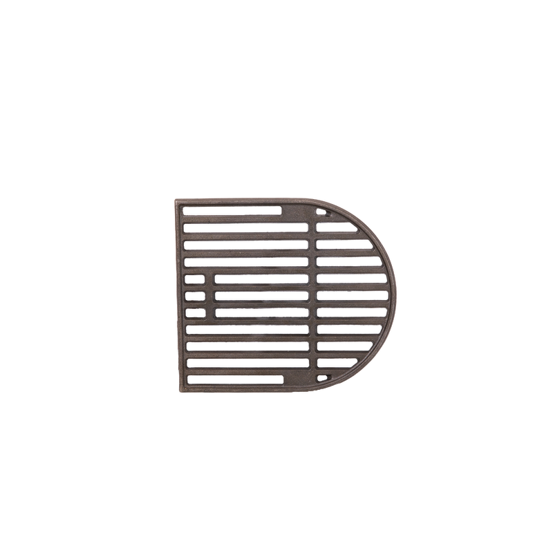 A semicircular, flat, metal Ozpig Big Pig Chargrill by Ozpig, featuring horizontal and vertical bars in a distinctive D shape—ideal for creating authentic wood-fired flavours—shown isolated on a white background.