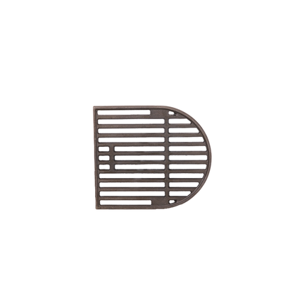 A semicircular, flat, metal Ozpig Big Pig Chargrill by Ozpig, featuring horizontal and vertical bars in a distinctive D shape—ideal for creating authentic wood-fired flavours—shown isolated on a white background.