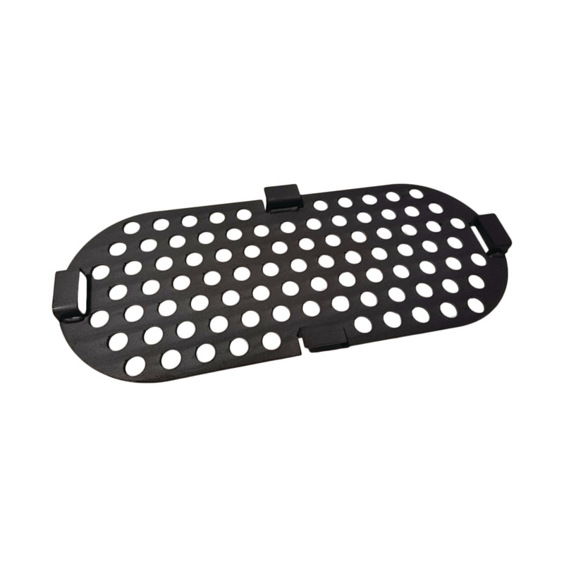 The Ozpig Big Pig Charcoal Plate by Ozpig is a black, oval-shaped metal plate featuring circular holes in a grid pattern and four rectangular tabs on the edges, designed for outdoor cooking with the Big Pig, shown isolated on a white background.