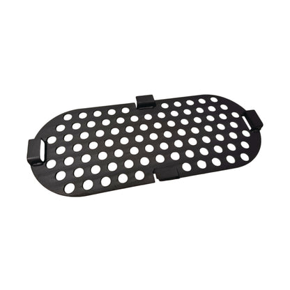 The Ozpig Big Pig Charcoal Plate by Ozpig is a black, oval-shaped metal plate featuring circular holes in a grid pattern and four rectangular tabs on the edges, designed for outdoor cooking with the Big Pig, shown isolated on a white background.