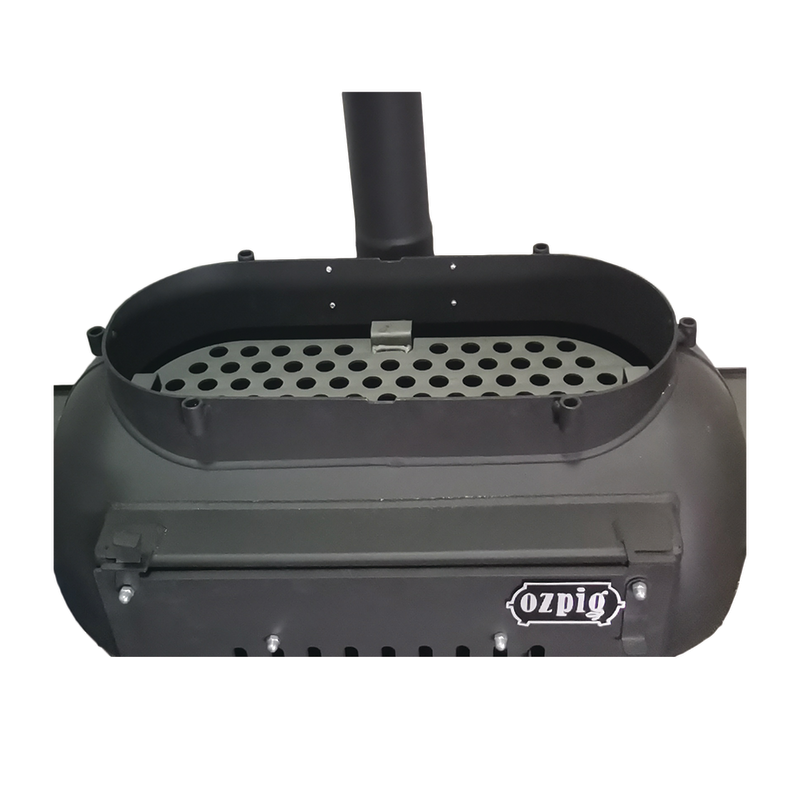 Ozpig Big Pig Charcoal Plate by Ozpig, shown from above against a white background, featuring a perforated grill plate, an internal charcoal plate, and a vertical chimney pipe—ideal for outdoor cooking enthusiasts.