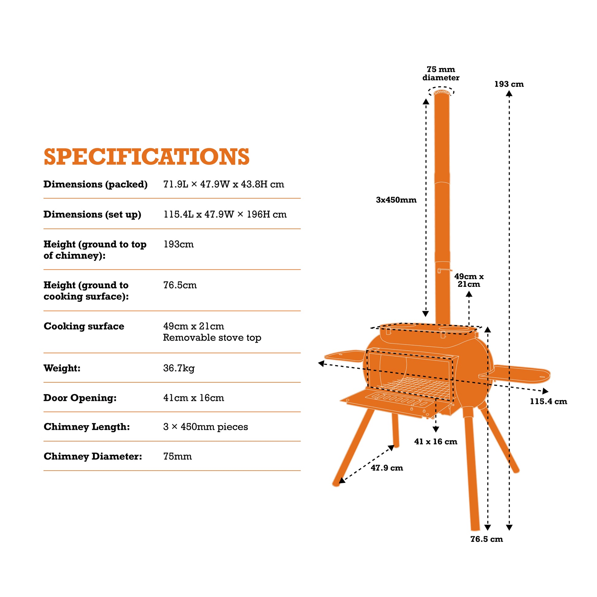 Diagram of the Ozpig Big Pig outdoor stove with labeled measurements, including height, width, door opening size, cooking surface area, chimney diameter, and both packed and set-up dimensions. Detailed specifications are listed on the left. Designed by Ozpig for wood-fired cooking, the versatile Big Pig functions as a grill and smoker—making it ideal for backyard gatherings or as a rustic home heating solution.