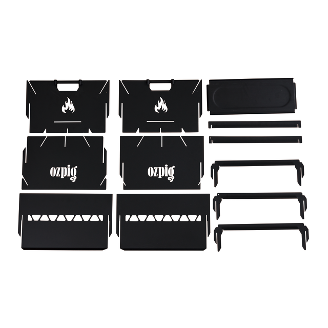 Flat lay of disassembled black metal parts for the Ozpig 3-in-1 Flat Pack Fire Pit, including panels with flame and Ozpig logos, brackets, and a rectangular plate—all the essentials to assemble this compact camping fire pit—neatly arranged on a white background.