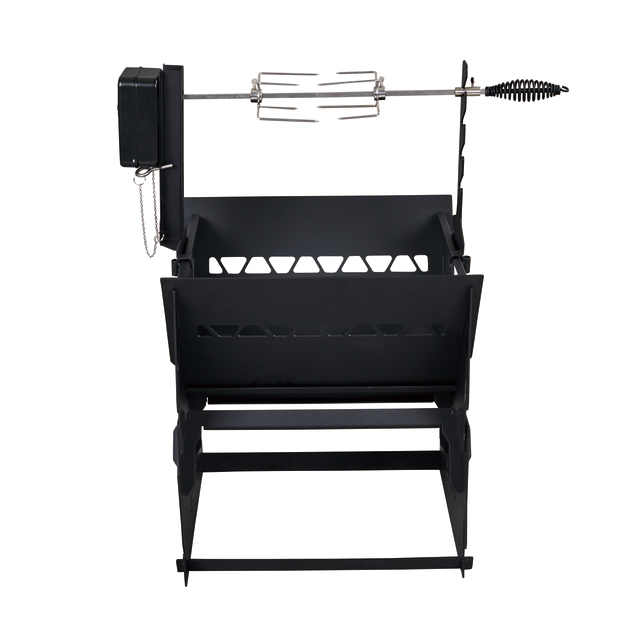 Ozpig Fire Pit Rotisserie Kit by Ozpig, featuring a durable black metal design with a motorized spit and meat forks, displayed from the front against a white background. Assembled and ready for outdoor cooking, this versatile rotisserie kit is similar to the Ozpig 3-in-1 Flat Pack Fire Pit.