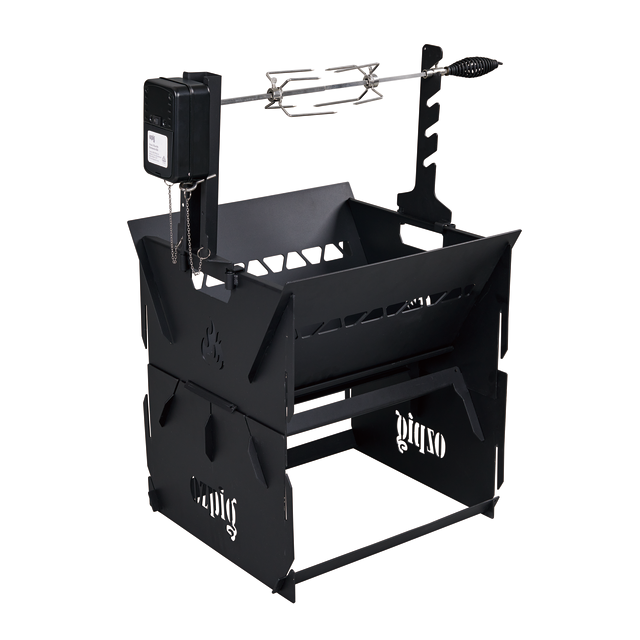 The Ozpig Fire Pit Rotisserie Kit by Ozpig is a black metal portable barbecue grill with a battery-powered rotisserie attachment and spit, inspired by the Ozpig 3-in-1 Flat Pack Fire Pit. Featuring cut-out flame designs and foldable construction, this fire pit rotisserie kit is perfect for outdoor cooking.