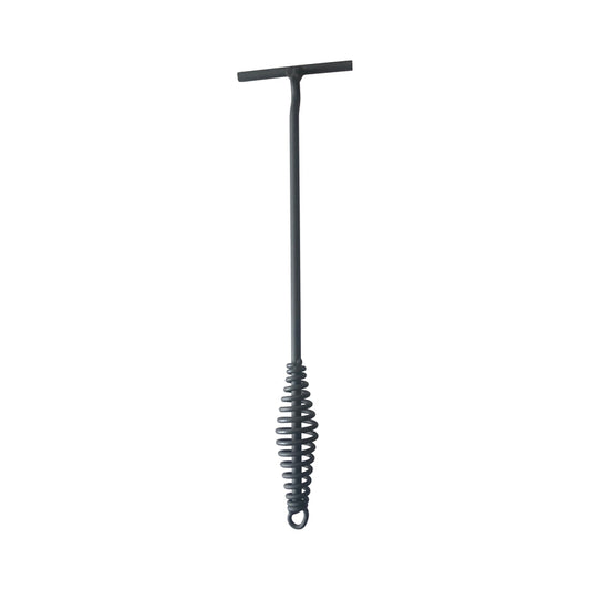 The Ozpig Lifting Tool by Ozpig features a black metal design with a straight handle, a T-shaped grip at the top, and a tightly coiled spiral at the bottom end.