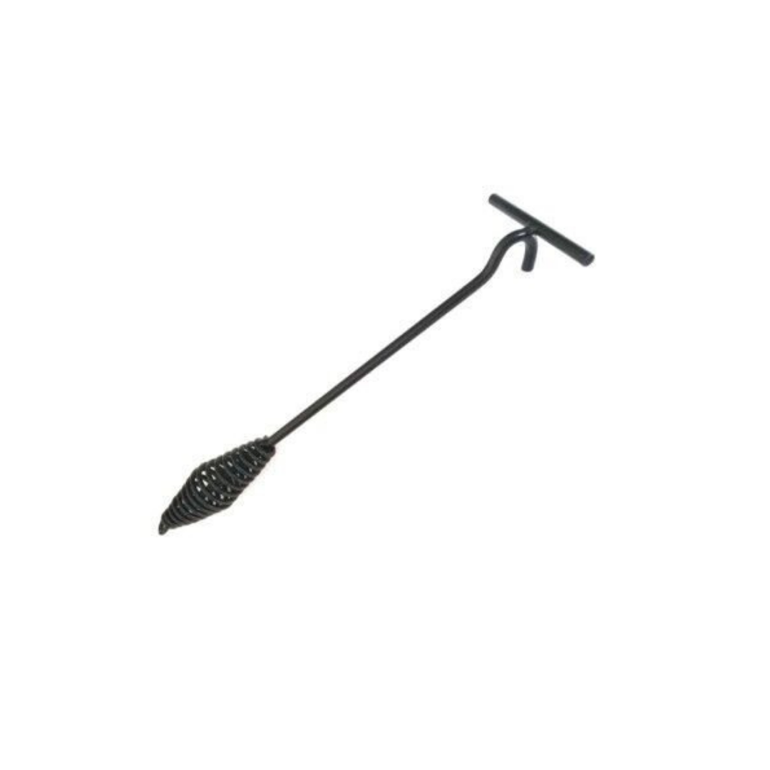 The Ozpig Lifting Tool by Ozpig is a black metal accessory featuring a T-shaped handle on one end and a spiral, conical tip on the other, designed specifically for use with the Ozpig Series 1 and Ozpig Traveller—shown here against a white background.