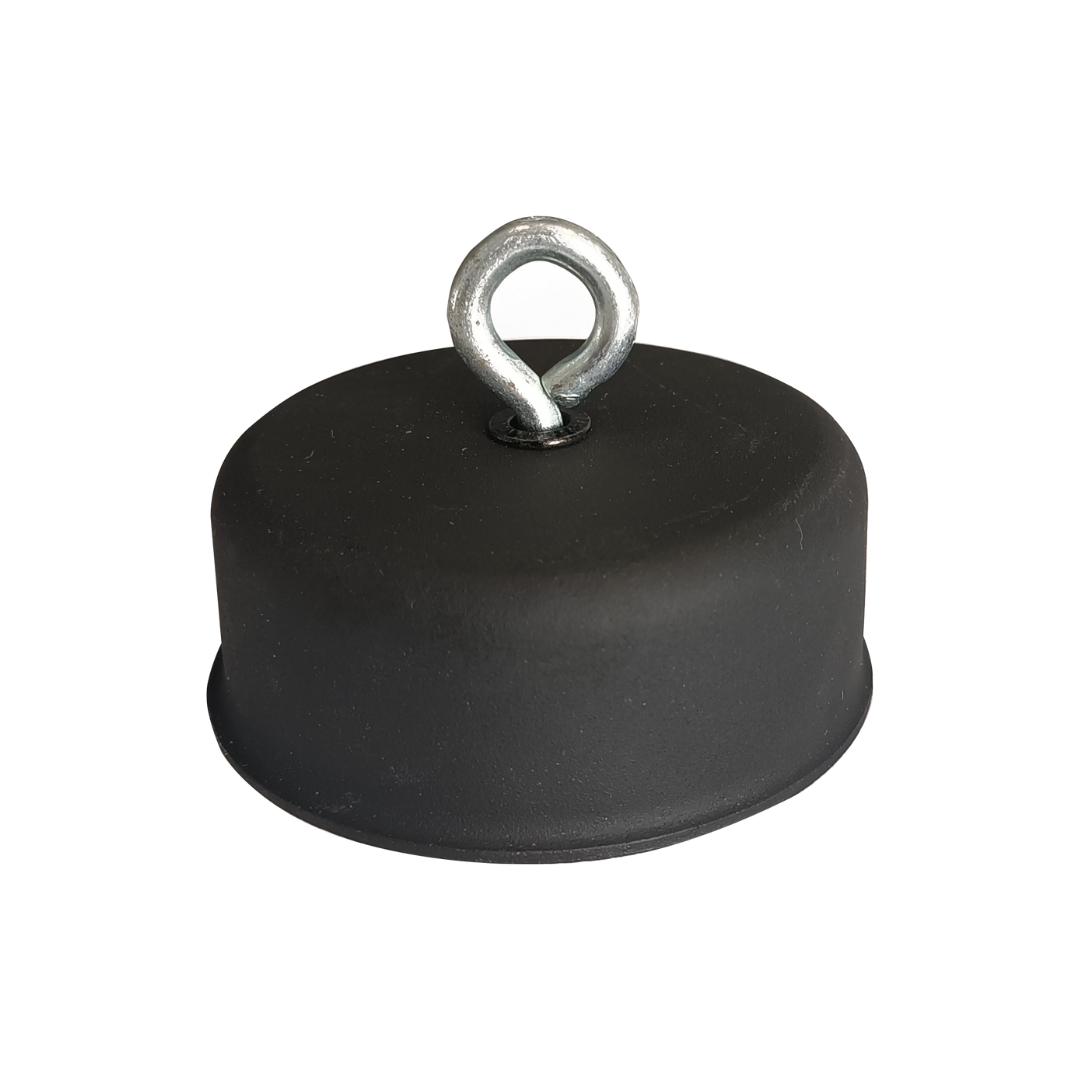 The Ozpig Oven Smoker Chimney Cap by Ozpig is a black rubber stopper featuring a central metal eye bolt, shown against a white background. This cap is perfect as a replacement for your Ozpig Oven Smoker or compatible oven smoker chimney systems.