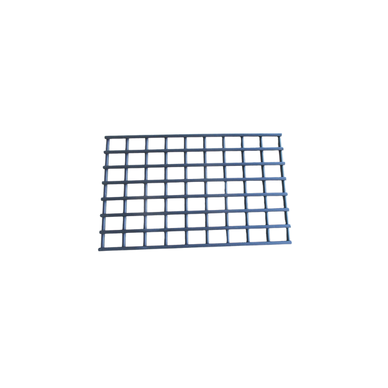 A black, rectangular Ozpig Traveller Fire Grate with evenly spaced square openings is shown against a plain white background—ideal as a replacement fire grate for the Ozpig Traveller (OZP-T-001-01).