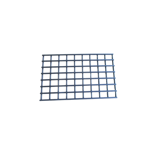 A black, rectangular Ozpig Traveller Fire Grate with evenly spaced square openings is shown against a plain white background—ideal as a replacement fire grate for the Ozpig Traveller (OZP-T-001-01).