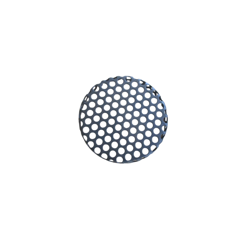 A round metal object featuring evenly spaced circular holes, resembling a perforated drain cover or metal grid, is shown on a white background—this item is the Ozpig Big Pig Spark Arrestor by Ozpig, designed for compatibility with the Ozpig Big Pig (OZP-BP001-01).