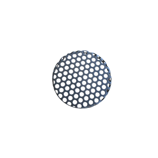 A round metal object featuring evenly spaced circular holes, resembling a perforated drain cover or metal grid, is shown on a white background—this item is the Ozpig Big Pig Spark Arrestor by Ozpig, designed for compatibility with the Ozpig Big Pig (OZP-BP001-01).