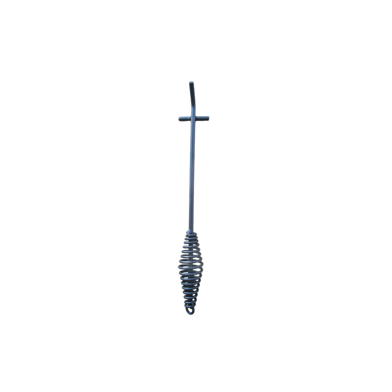 A metal rod with a handle and a coiled spring at one end, the Ozpig Big Pig Lifting Tool by Ozpig, isolated on a white background.
