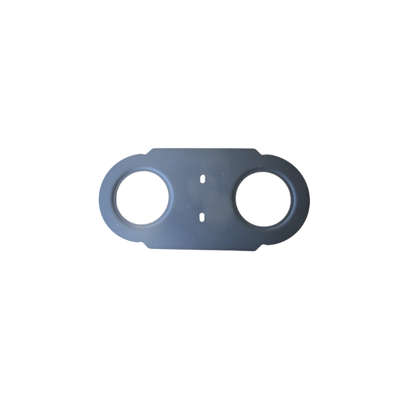 A gray plastic or metal plate featuring two large circular holes on either side and two small vertical center slots, displayed against a white background—perfect as a replacement Ozpig Big Pig Cook Top by Ozpig.