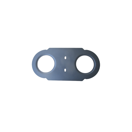 A gray plastic or metal plate featuring two large circular holes on either side and two small vertical center slots, displayed against a white background—perfect as a replacement Ozpig Big Pig Cook Top by Ozpig.