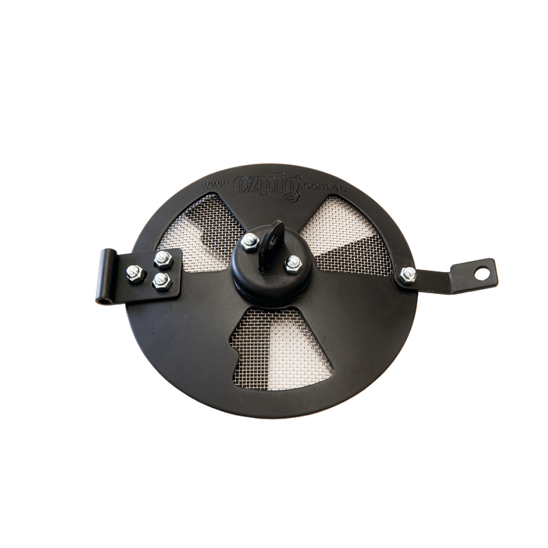 The Ozpig Vented Door is a round black metal vent cover featuring mesh sections and a central handle, specifically designed for the Ozpig Series 1 Traveller. It comes with mounting brackets and bolts on each side for secure installation. As part of the versatile range of Ozpig accessories, this durable and practical addition ensures ease of use during your outdoor cooking adventures.