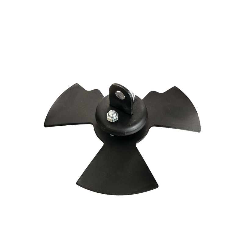 The Ozpig Series 2 Vent Door Adjuster by Ozpig features a black metal blade attachment with three wide, angular blades and a central mounting bracket secured by a bolt, designed for airflow control in the Series 2 Ozpig. Shown isolated on a white background.