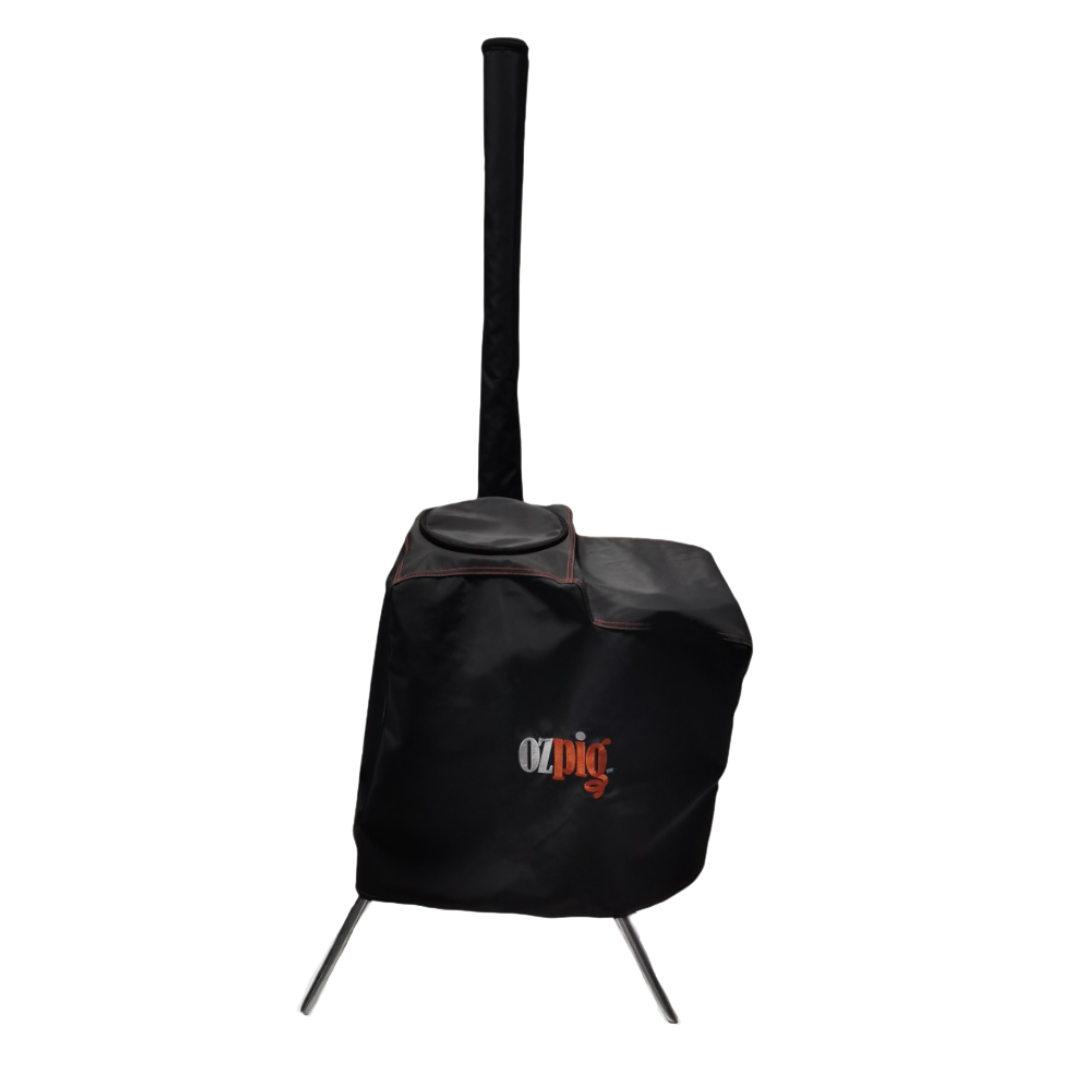 The Ozpig Series 1 & 2 Custom Fit Cover, by Ozpig, protects your portable black wood stove and its tall chimney with a sturdy chimney top and three metal legs, featuring a fitted design emblazoned with the orange and white "Ozpig" logo.