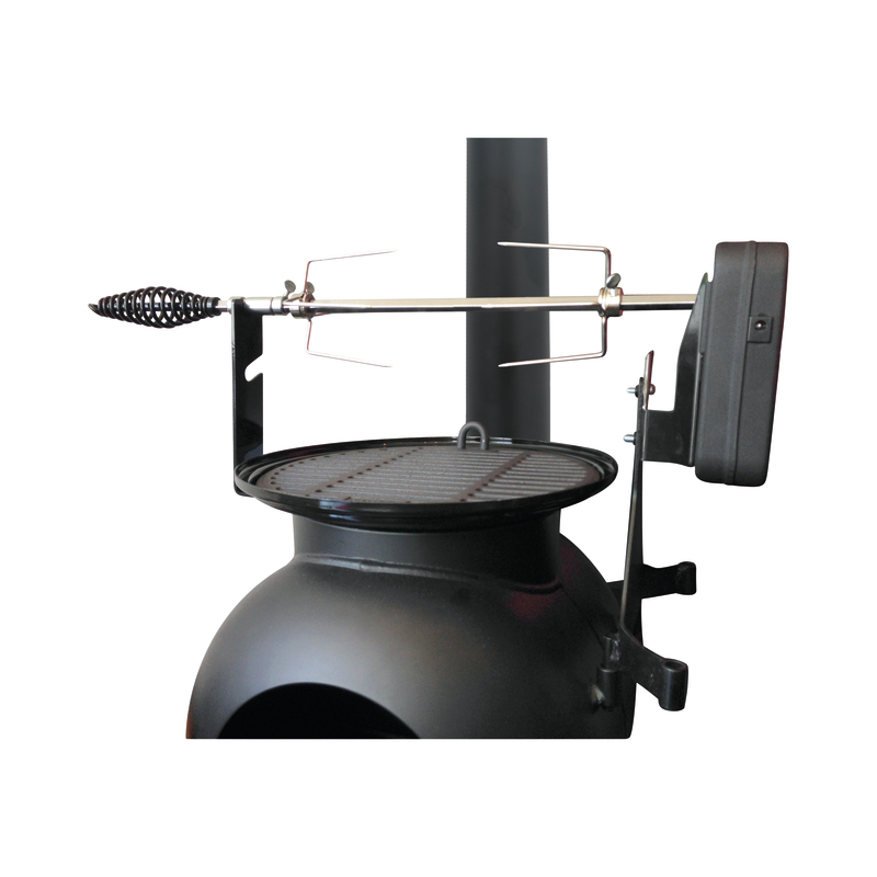 Ozpig Series 2 outdoor stove in black, featuring a circular grill and equipped with the Ozpig Series 2 Rotisserie Kit—including a sturdy metal rotisserie spit and motor—for delicious wood-fired flavor; product isolated on a white background.