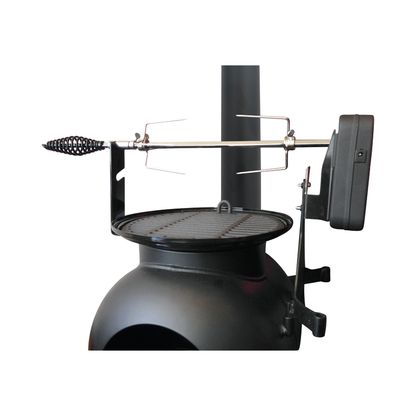 Ozpig Series 2 outdoor stove in black, featuring a circular grill and equipped with the Ozpig Series 2 Rotisserie Kit—including a sturdy metal rotisserie spit and motor—for delicious wood-fired flavor; product isolated on a white background.