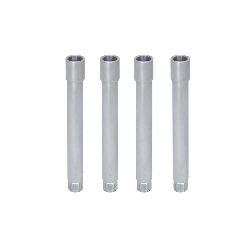 Four identical cylindrical metal pipe nipples with threaded ends, standing upright in a row against a white background—Ozpig Series 2 Extension Leg Kit by Ozpig, perfect for adding stability or extending your cooking surface on your Ozpig Series 2.