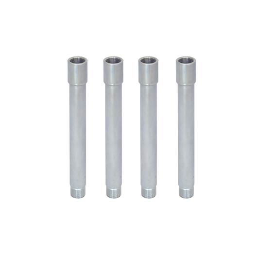 Four identical cylindrical metal pipe nipples with threaded ends, standing upright in a row against a white background—Ozpig Series 2 Extension Leg Kit by Ozpig, perfect for adding stability or extending your cooking surface on your Ozpig Series 2.