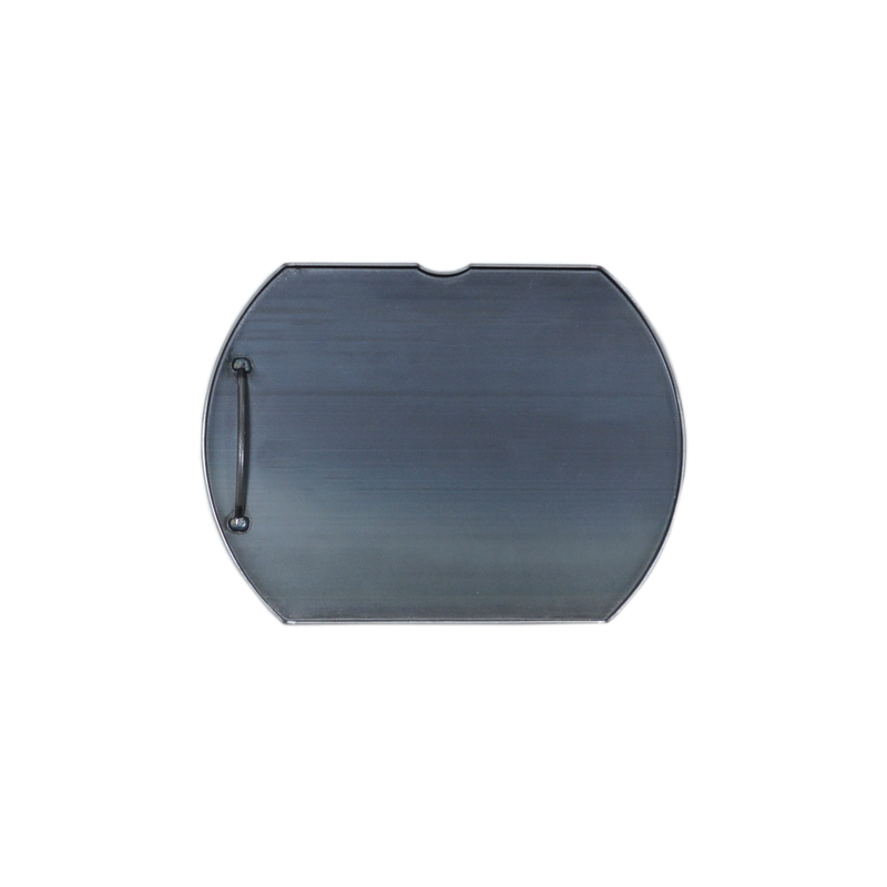 A dark gray, round-edged rectangular tray with a single handle on the left side, viewed from above against a white background—this Ozpig Series 2 Large Warming and Cooking Plate by Ozpig is designed to provide even heat retention and an expanded cooking area for all your outdoor culinary needs.
