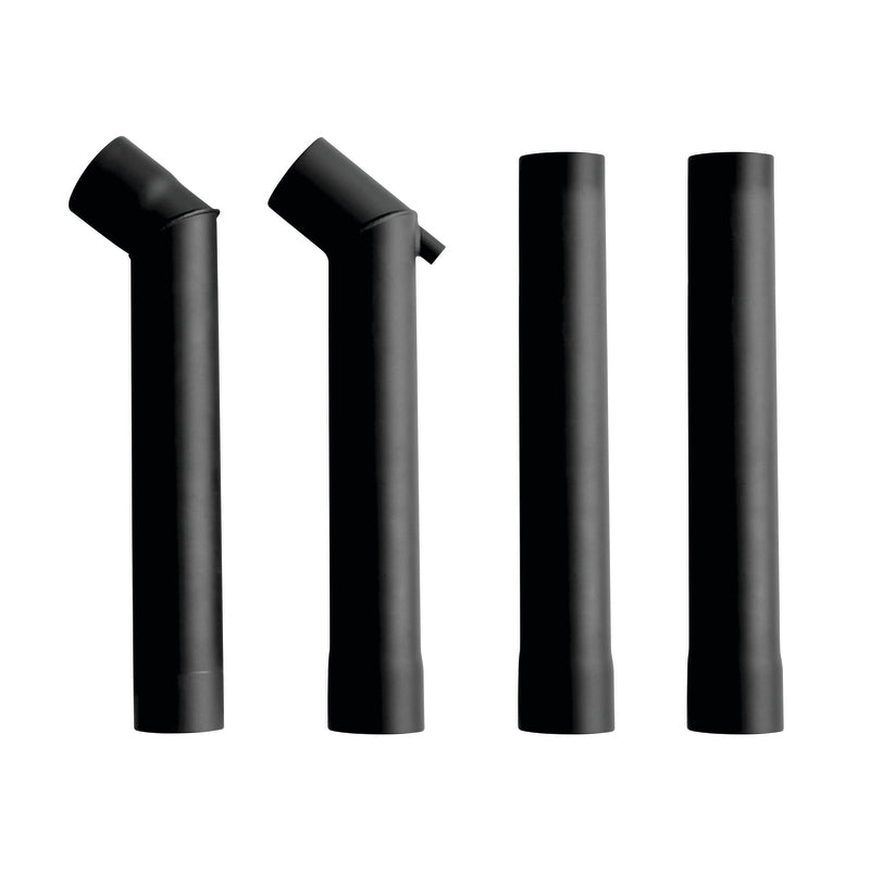 Four black metal pipes, two with angled tops and two with straight tops, stand upright in a row on a white background—ideal as part of the Ozpig Double Offset Chimney Kit or for use as robust chimney support by Ozpig.