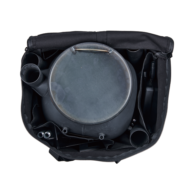 An Ozpig Series 2 Heavy Duty Storage Bag by Ozpig, crafted from durable cotton canvas, is pictured from above against a white background. The partially unzipped bag reveals a black kettle with a handle inside, along with various black accessories neatly organized in its spacious internal storage pockets.