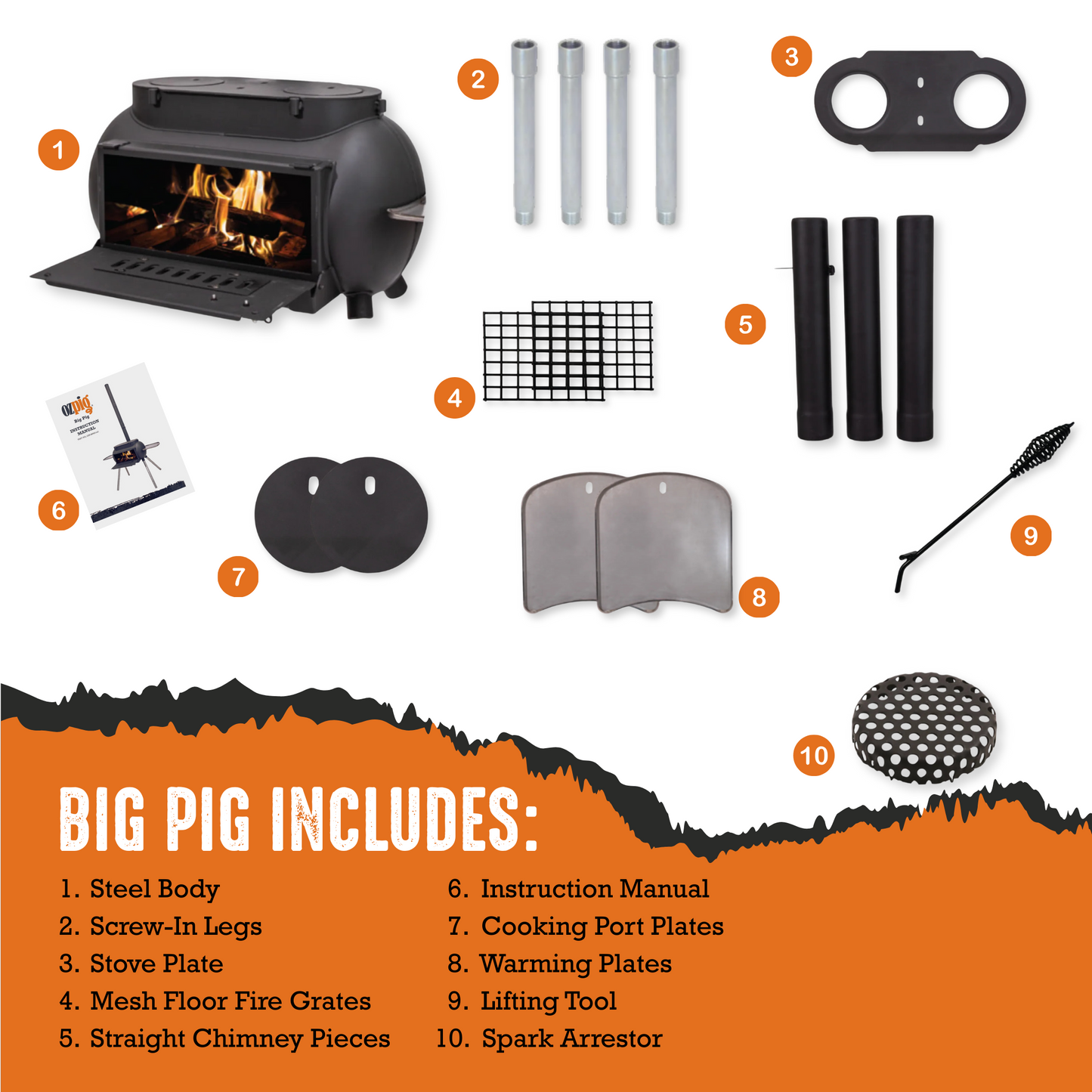 The Ozpig Big Pig stove kit by Ozpig includes labeled parts: steel body, chimney pipes, stove plate, mesh grate, grill smoker components, handle, port plates, warming plates, lifting tool, spark arrestor, and instruction manual. The listed items are described in detail—making it ideal for home heating and wood-fired cooking.