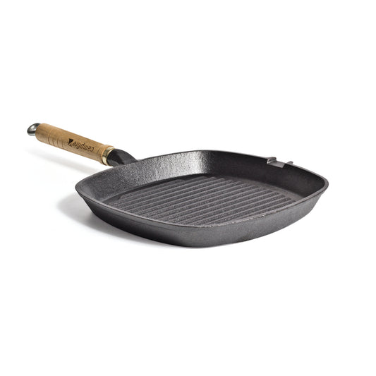 The Campfire Square Cast Iron Frypan - 24cm is a black cast iron frypan with a wooden handle, designed with a ridged griddle cooking surface and a convenient side spout for easy pouring. This pre-seasoned pan is shown against a white background.
