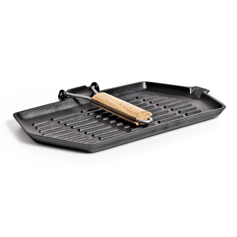 The Campfire Rectangular Folding Frying Grill Pan, made of black cast iron with a ribbed surface and a foldable wooden handle on one side, is displayed on a white background.