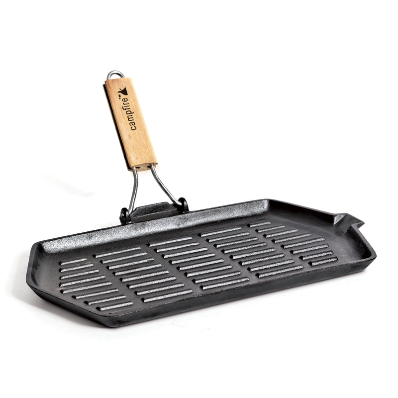 The Campfire Rectangular Folding Frying Grill Pan features a ribbed cast iron surface, angled corners, and dual pour spouts for convenient use. Its folding wooden handle makes it perfect for stovetop or campfire cooking.