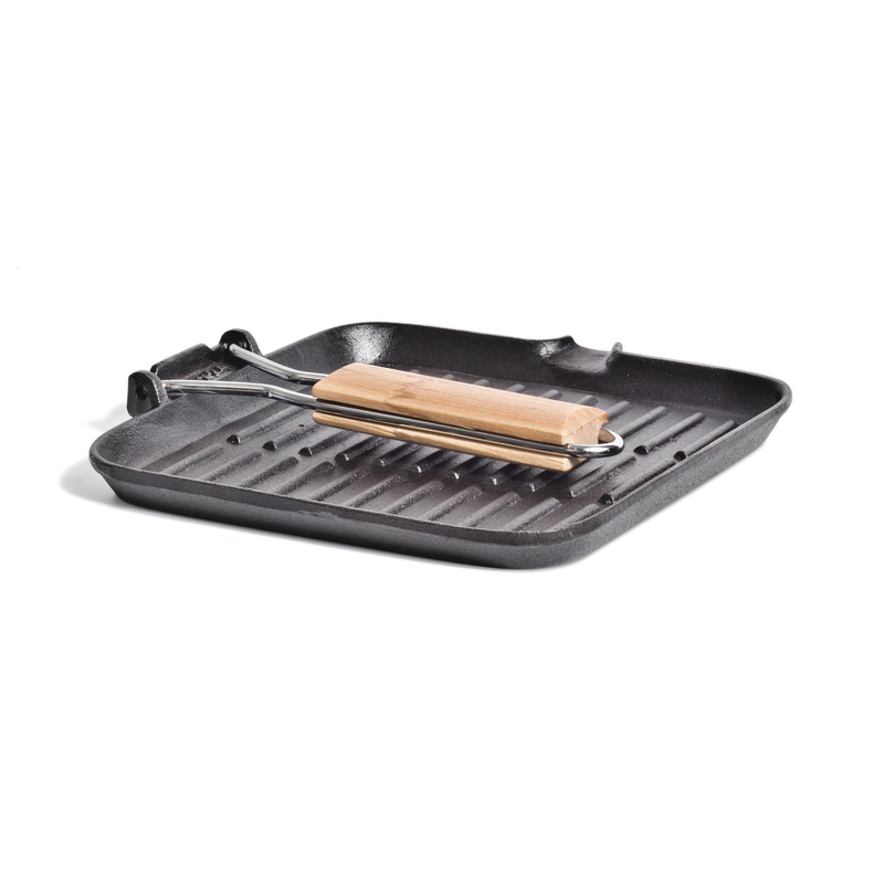 A Campfire 24cm Square Grill Frypan with a folding wooden handle and raised ridges, pre-seasoned and shown on a white background.