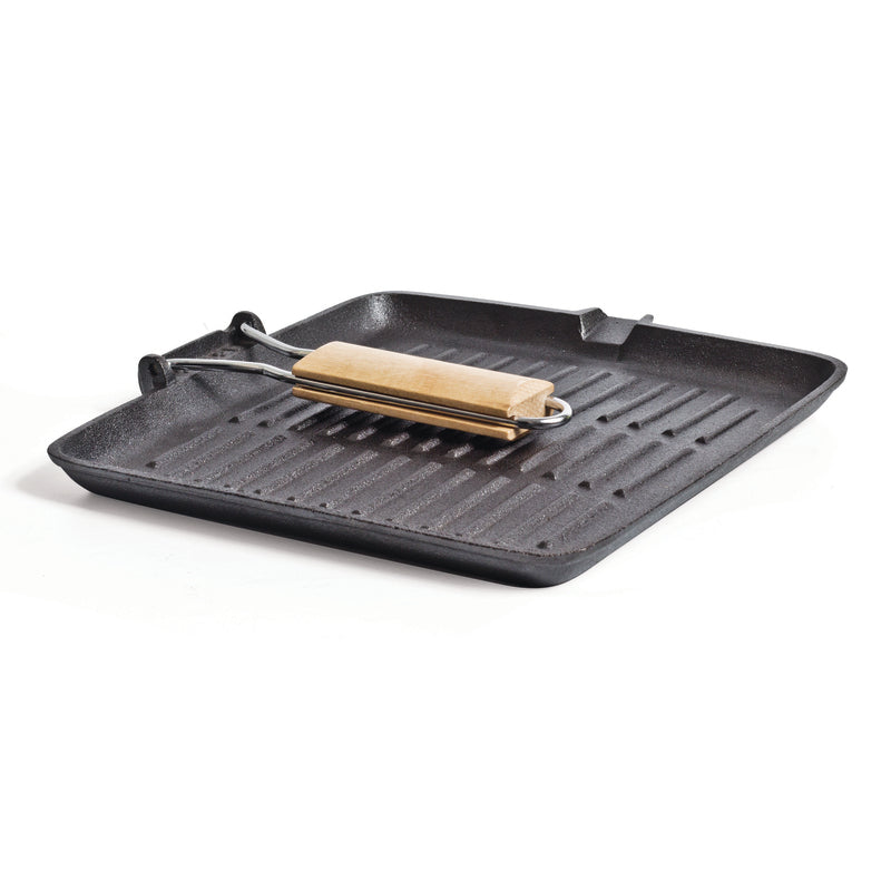 A Campfire 28cm Grill Folding Frypan, featuring a square pre-seasoned ribbed cooking surface and a wooden handle, is displayed on a white background.