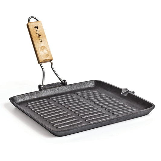 A 28cm square cast iron grill folding frypan from Campfire, featuring a ribbed cooking surface, a metal handle with a wooden grip, and the "Campfire" brand name on the handle. This pre-seasoned black grill pan is displayed on a white background.