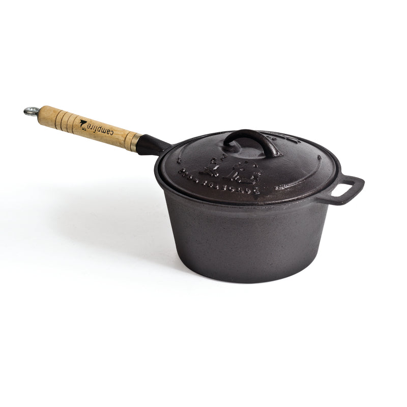The Campfire 3 Quart Cast Iron Saucepan is displayed on a white background, featuring a black finish, a lid, excellent heat retention, and a removable wooden handle.