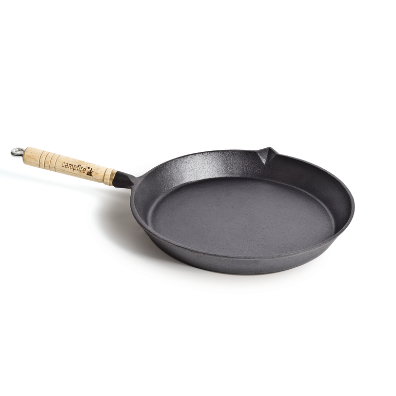 A Campfire 25cm Round Frying Pan with a solid handle, pre-seasoned black cast iron construction, and a small pouring spout is displayed on a white background.