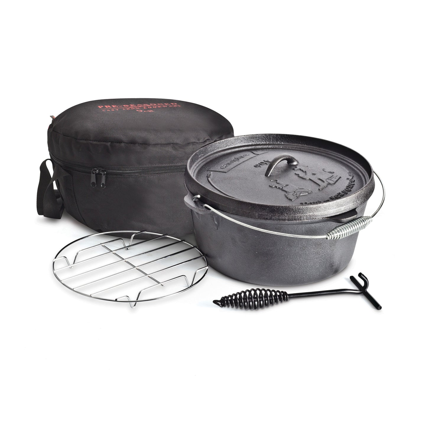 Campfire 9 Quart Camp Oven Pack, featuring a cast iron Dutch oven with lid, carrying case, round wire trivet, and metal lid lifter—perfect for campfire cooking—arranged on a white background.