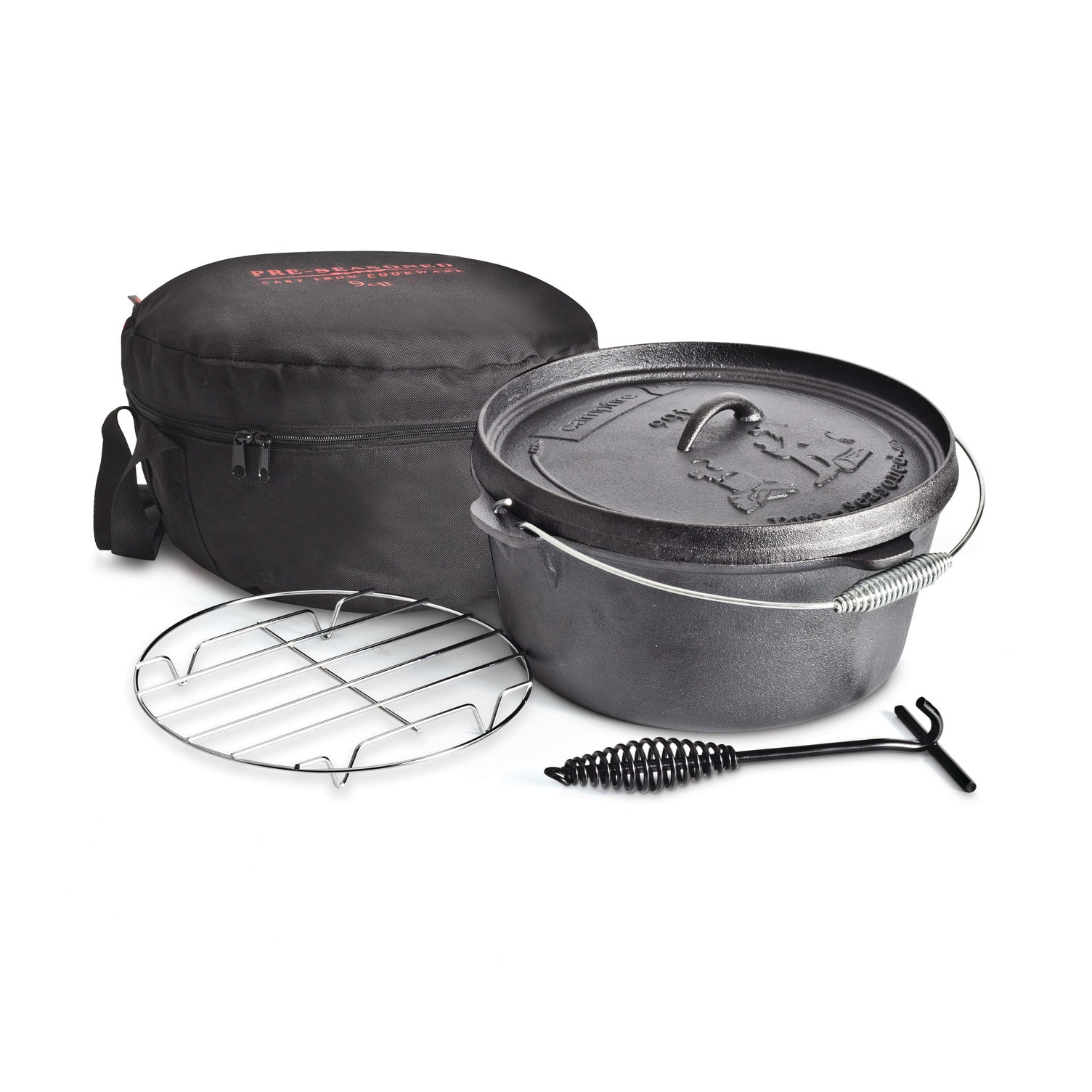 Campfire 9 Quart Camp Oven Pack, featuring a cast iron Dutch oven with lid, carrying case, round wire trivet, and metal lid lifter—perfect for campfire cooking—arranged on a white background.