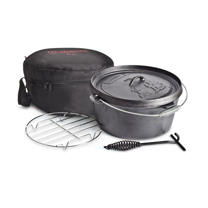 Campfire 9 Quart Camp Oven Pack, featuring a cast iron Dutch oven with lid, carrying case, round wire trivet, and metal lid lifter—perfect for campfire cooking—arranged on a white background.